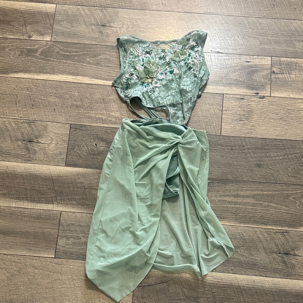 Weissman Sage Green Lace Dress with Floral Accents